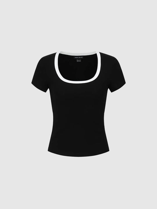 Scoop Neck Cotton Lyocell Contrast Trim Tee