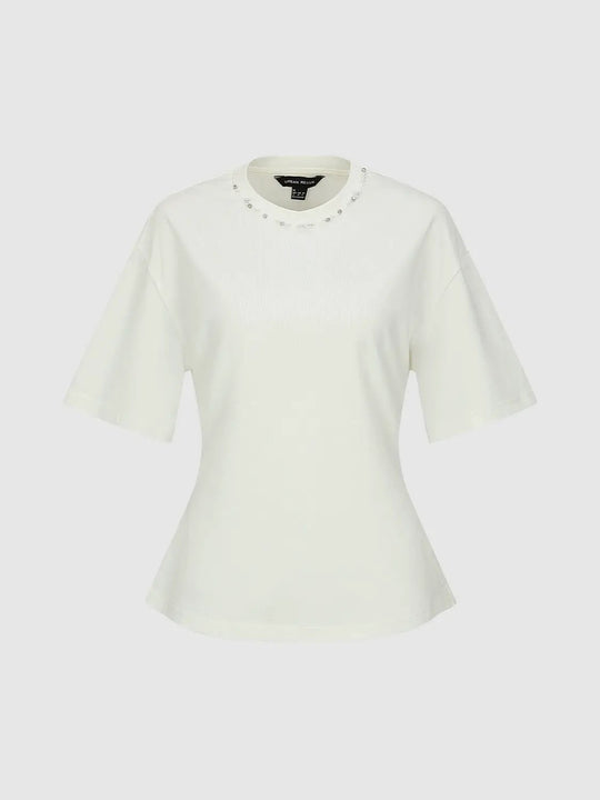 Beaded Crew Neck Cotton Blend T Shirts