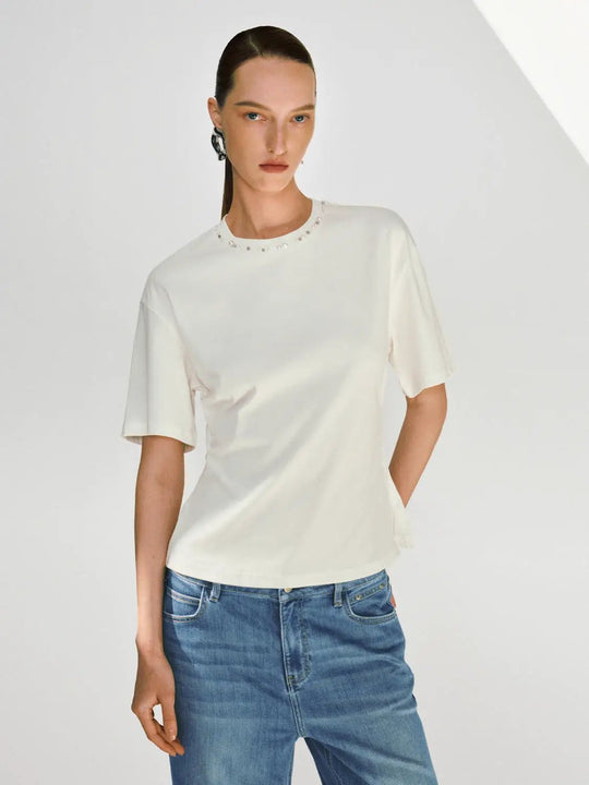 Beaded Crew Neck Cotton Blend T Shirts