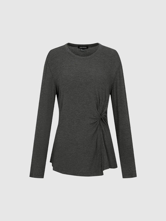 Knot Detail Long Sleeve Soft Knit T-Shirt