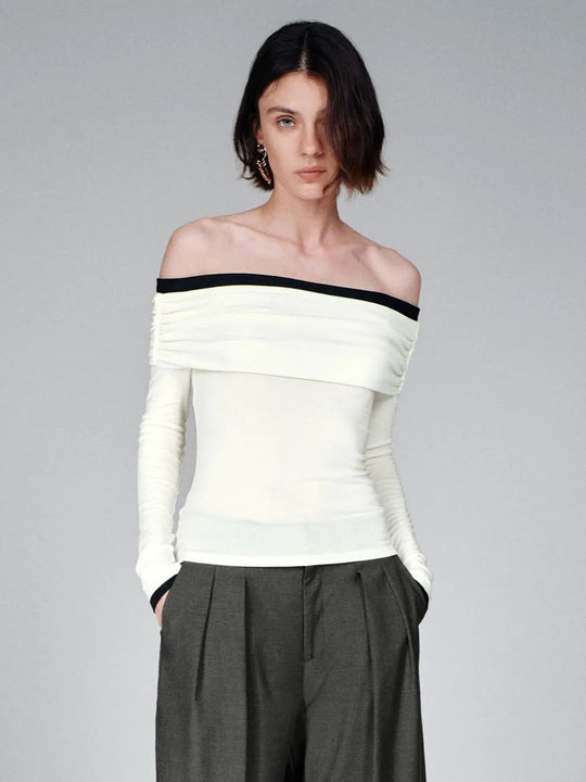Lyocell Wool Off Shoulder Long Sleeve Top