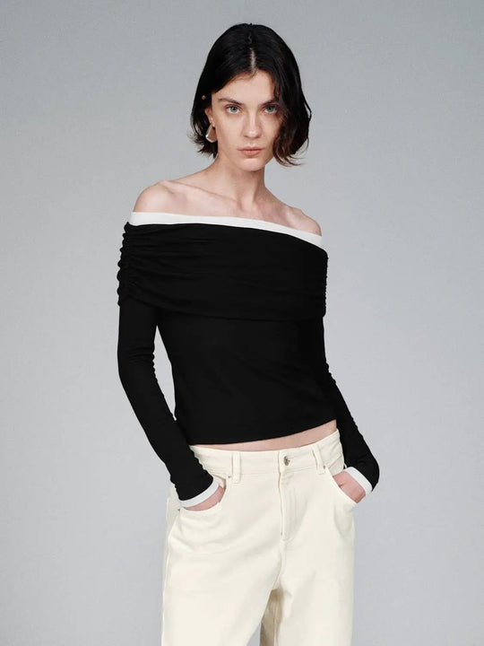 Lyocell Wool Blend Off Shoulder Ruched Top