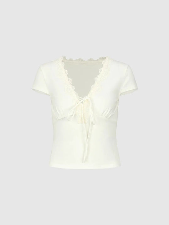 Lace Trim V-Neck Tie Detail Cotton T-Shirts