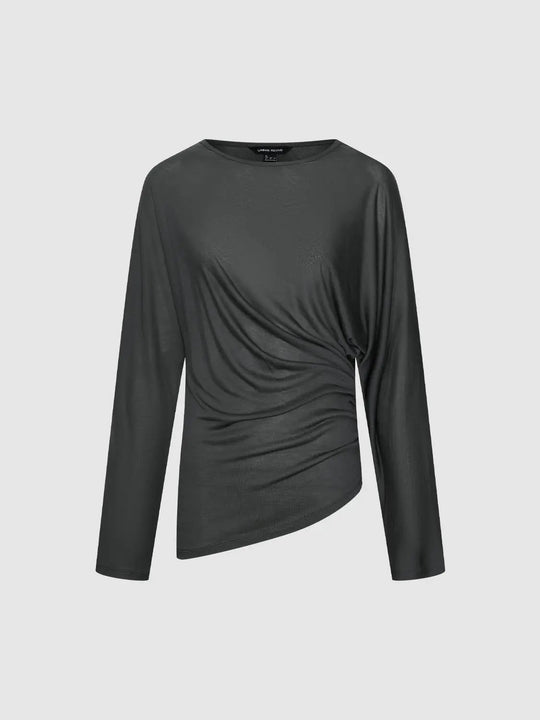 Lyocell Draped Crew Neck Long Sleeve T Shirts