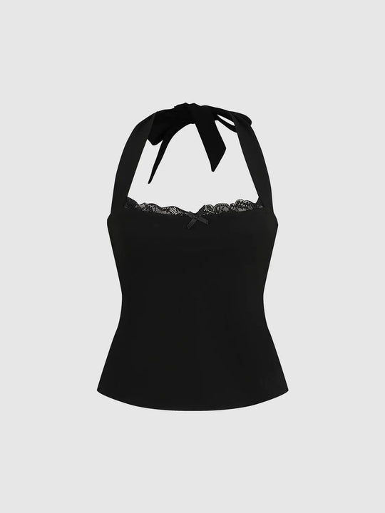Tops de tirantes con cuello halter y ribete de encaje