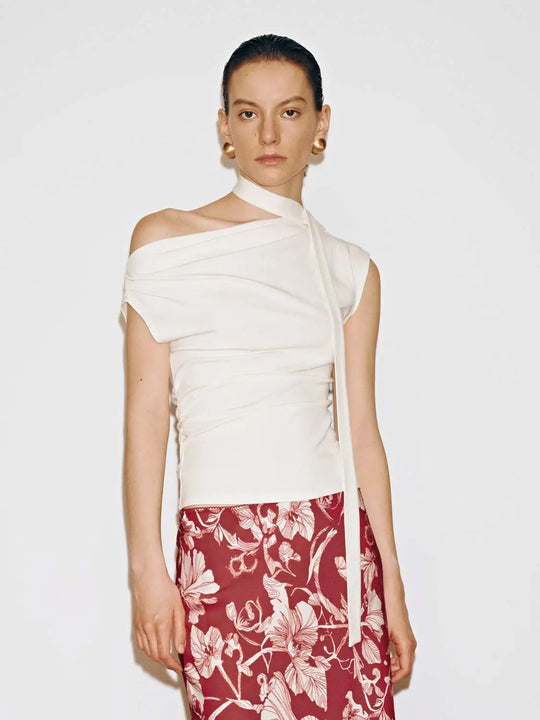 Viscose Cotton Blend Scarf Neck One Shoulder Ruched Top