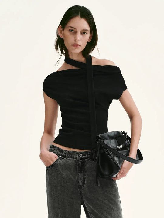 T-shirts skinny à col foulard, une épaule, froncés