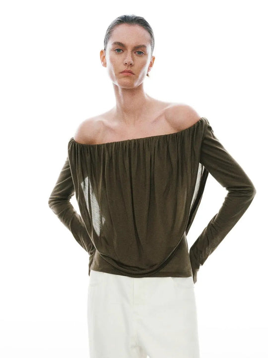 Ein-Schulter Langarmshirt mit Raffung