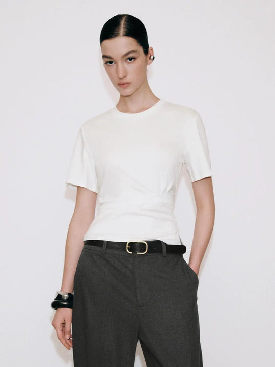 Crisp Cotton Tie Waist Crew Neck T Shirts
