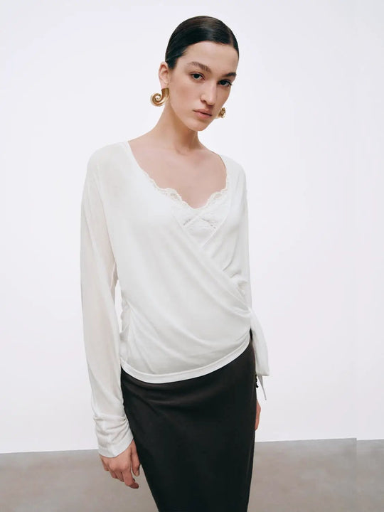 Lyocell V Neck Lace Trim Long Sleeve Top