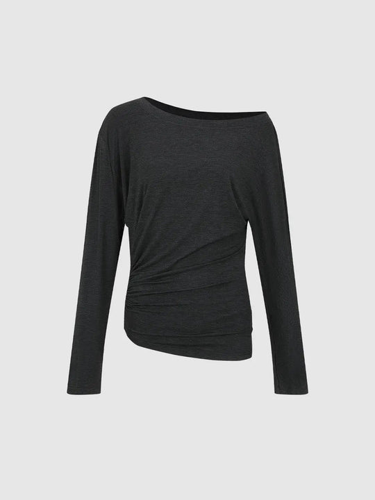 Twisted Ruched Asymmetric Hem Long Sleeve T-shirt