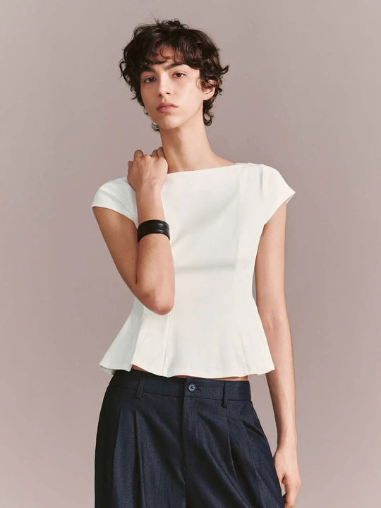 Cotton Blend Nipped Waist Cap Sleeve Top