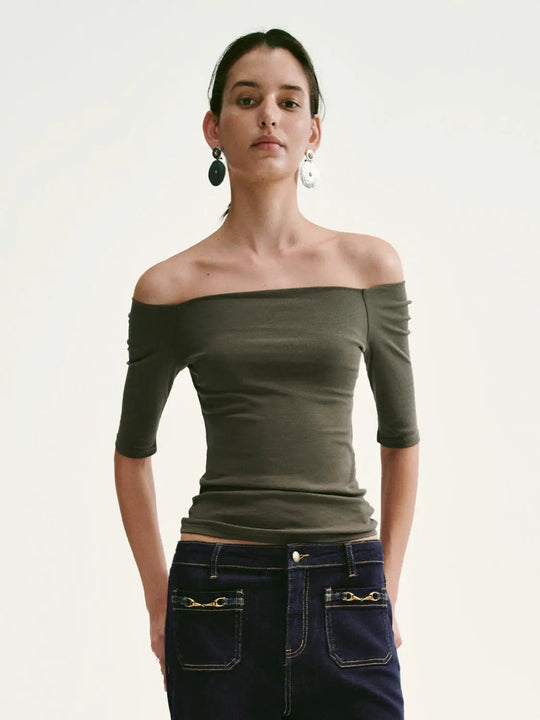Boat Neck Skinny Fit Ruched T-Shirts Casual Everyday T-Shirts