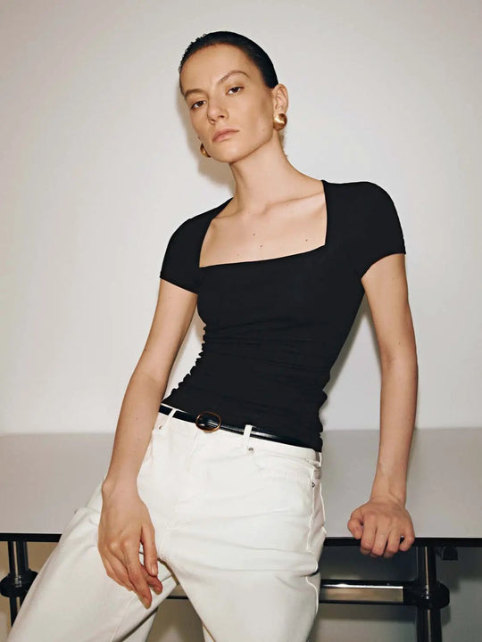 Viscose Cotton Blend Square Neck Ruched Skinny Fit T Shirt