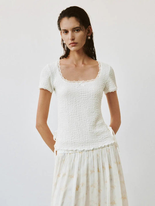 Textured Knit Square Neck Ruffle Bow Shirt
