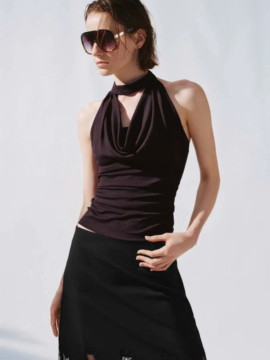 Halter Wasserfallausschnitt eng anliegende geraffte Tanktops