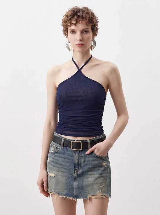 Cropped Ruched Halter Neck Navy Tank Top