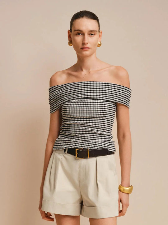 Lightweight Textured Off-shoulder Gingham Blouse