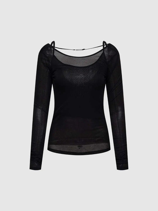 Sheer Mesh Fitted Long Sleeve Knit T-shirt
