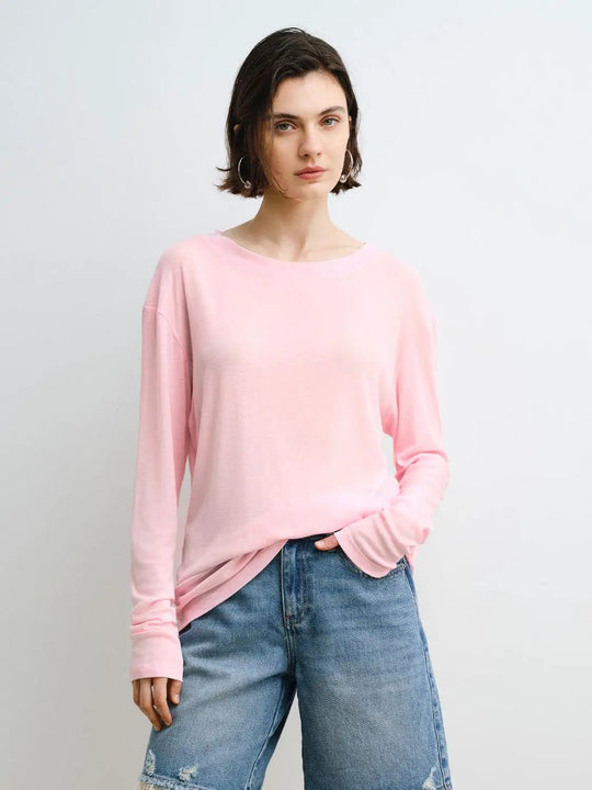 Soft Pink Long Sleeve Thin Stretch Cotton T-shirt
