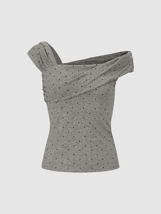 T-shirt à une épaule et motif à pois en mélange de lyocell et de laine