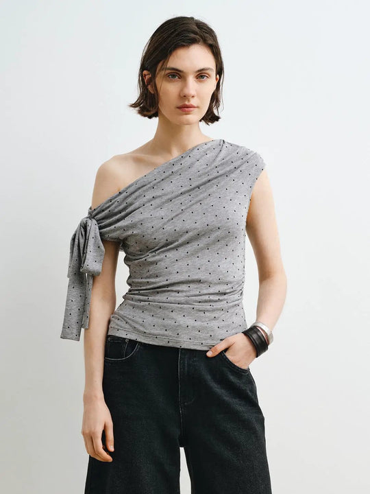 One-shoulder Ruched Polka Dot Lyocell T-shirt