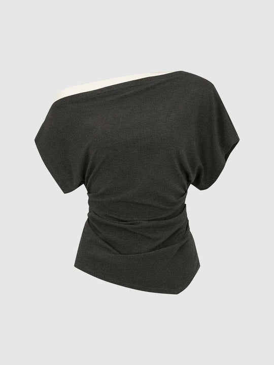 Wrapped Draped Ruched Waist Knit With Puff Sleeve Detailing And Subtle Texture T-Shirt