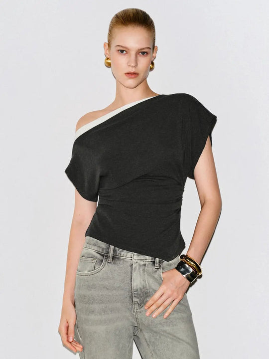 Asymmetric Off Shoulder Ruched Knit Cotton Slim Short Top