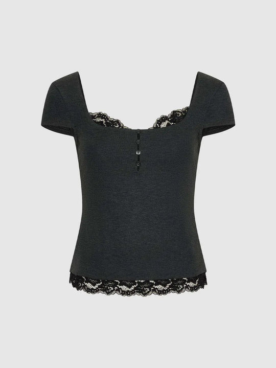 Lace Trim Knit Blouse With Button Placket