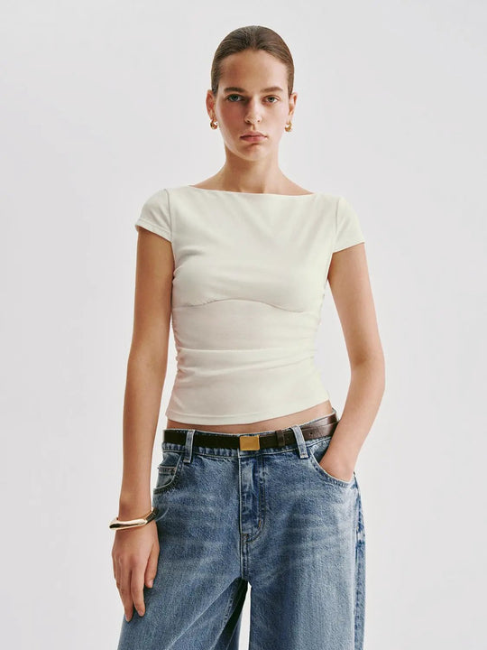Panelled Boat Neck Short Sleeve Fitted T-shirt