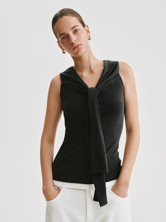 Tie Front Sleeveless Black Soft Knit T-shirt