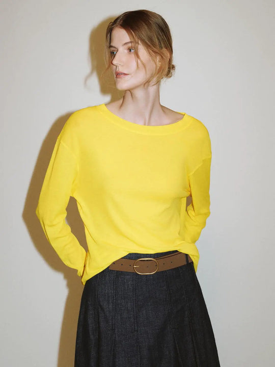 Boat Neck Drop Shoulder Long Sleeve Cotton T-shirt