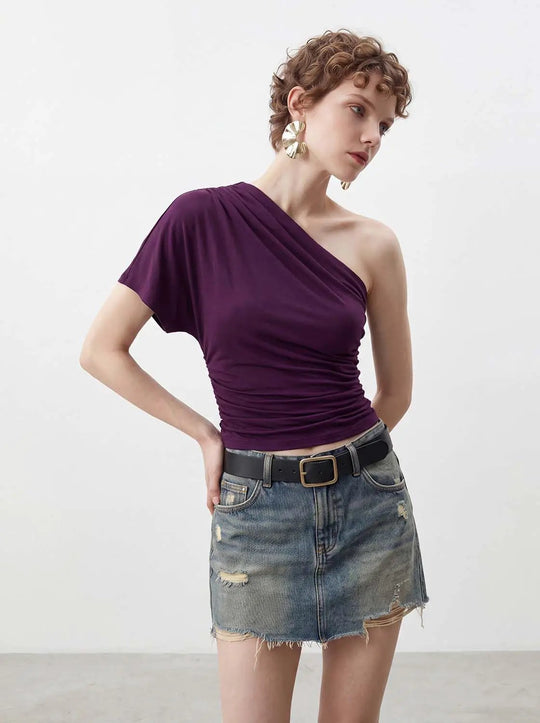 One-Shoulder Ruched Purple Knit Fitted Shirt