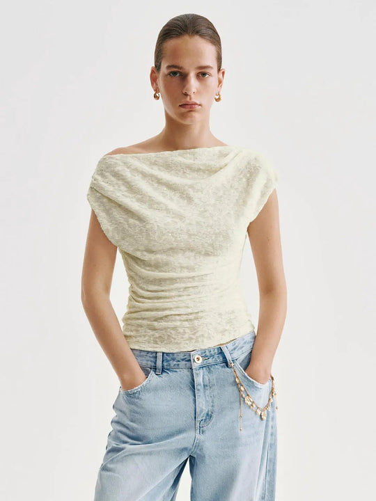 Off Shoulder Textured Short Sleeve T-shirt