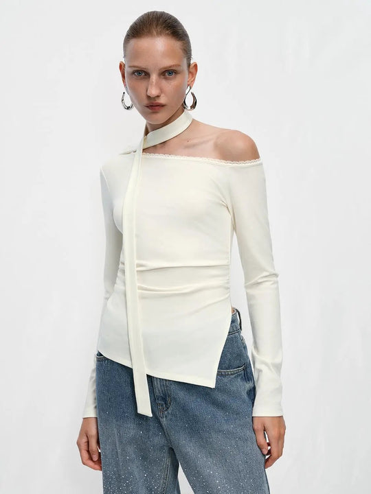 Off Shoulder Lace Trim Long Sleeve T-shirt