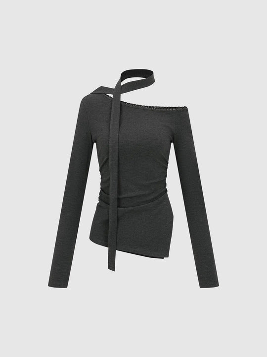 Asymmetric One Shoulder Wrap Knit Long Sleeve Top T-shirt