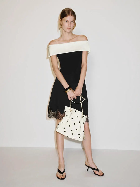 Off-Shoulder Colorblock Lace Hem Cotton Blend Dress