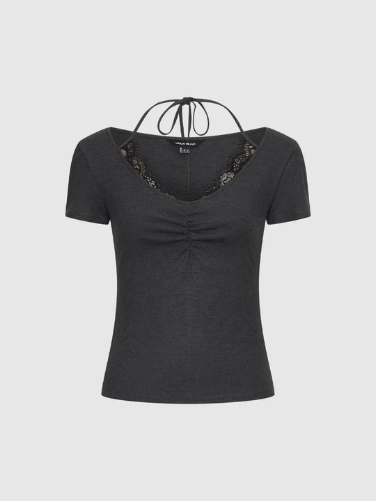 Ruched Lace V-neck T-shirt