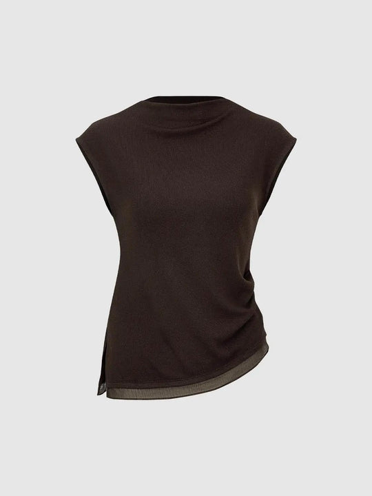 Geripptes ärmelloses T-Shirt mit Rundhalsausschnitt und asymmetrischem Saum