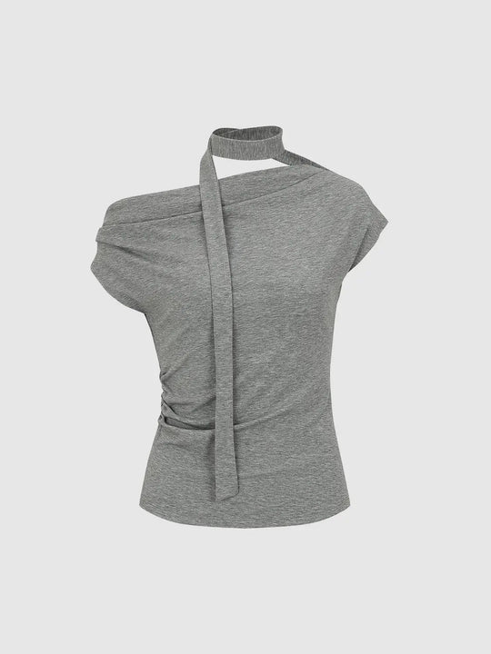 Asymmetric Shoulder Neck Tie Lyocell T-shirt