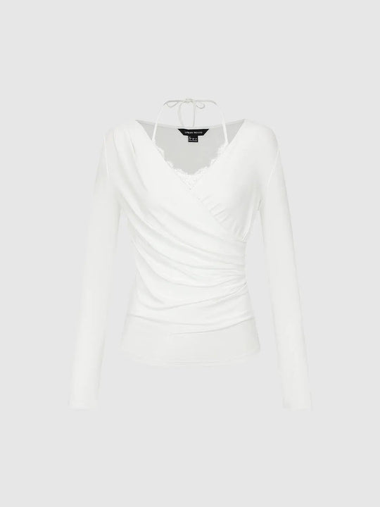 Ruched Wrap V-Neck Lace Trim Long Sleeve Top