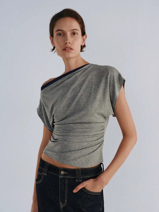 T-shirt gris asymétrique drapé en mélange de lyocell