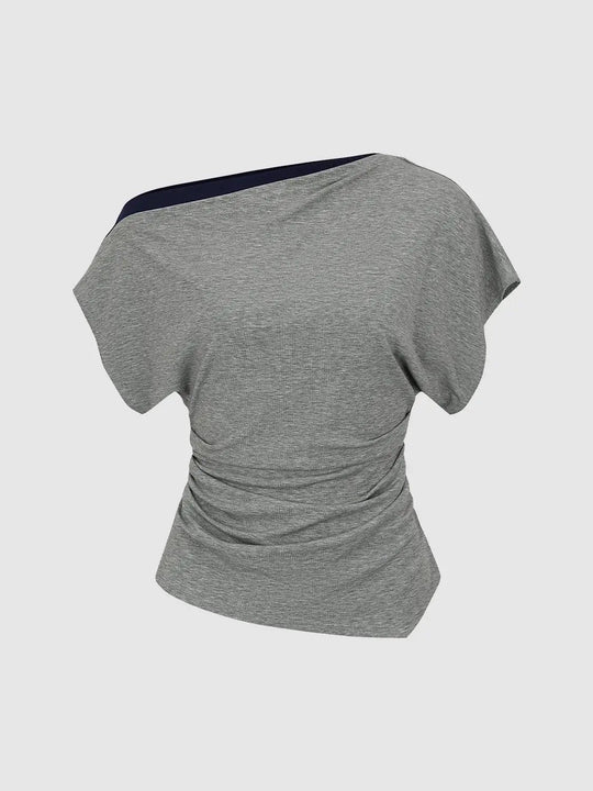 Asymmetric Draped Gray Lyocell Blend T-shirt