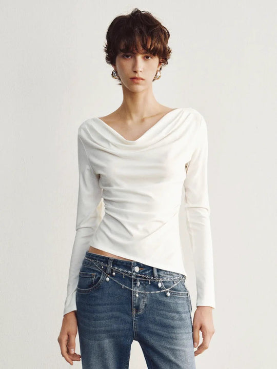 Langarm-T-Shirt mit drapierten Raffungen und asymmetrischer Saumlinie