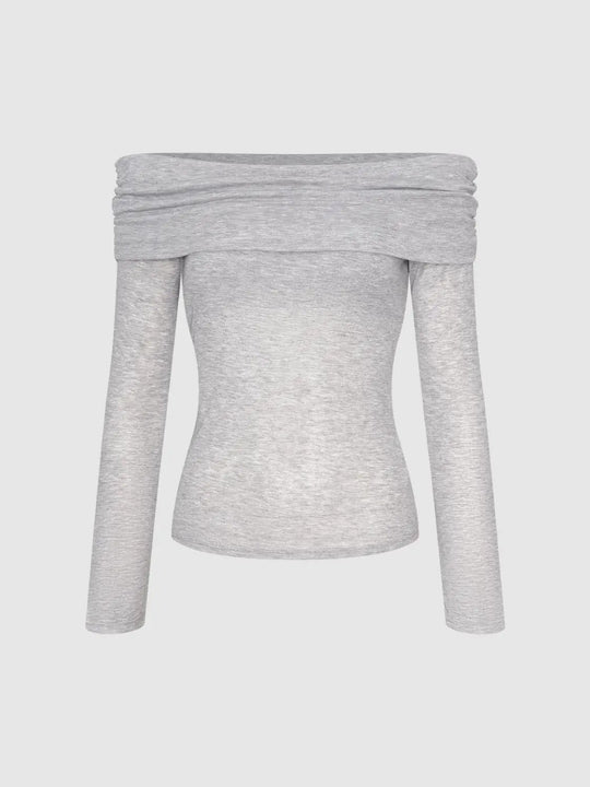 Heather Ruched Off-Shoulder Fitted Long Sleeve T-Shirt
