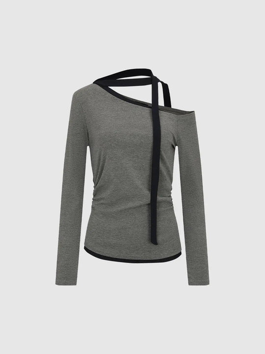 Heather Ruched Asymmetric Tie Long Sleeve T-Shirt