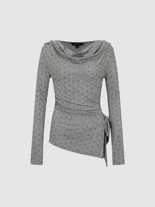 Polka Dot Wrap Asymmetric Hem Long Sleeve Cowl Neck Top