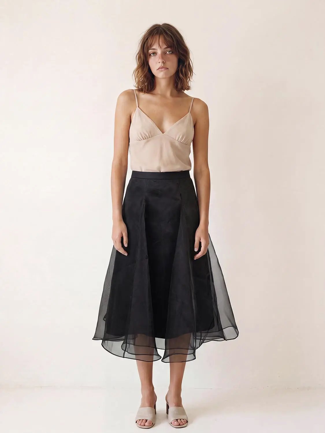 High Waist Irregular Hem Flared Midi Mesh Skirt, black with sheer overlay