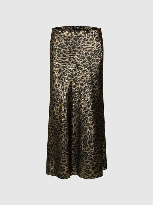 Metallic Leopard Print Fishtail Maxi Skirts