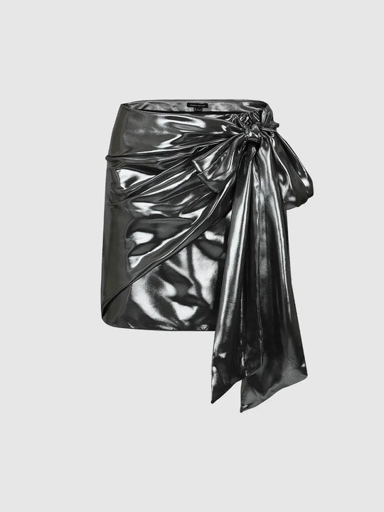 Metallic Draped Knot Wrap Straight Mini Skirts